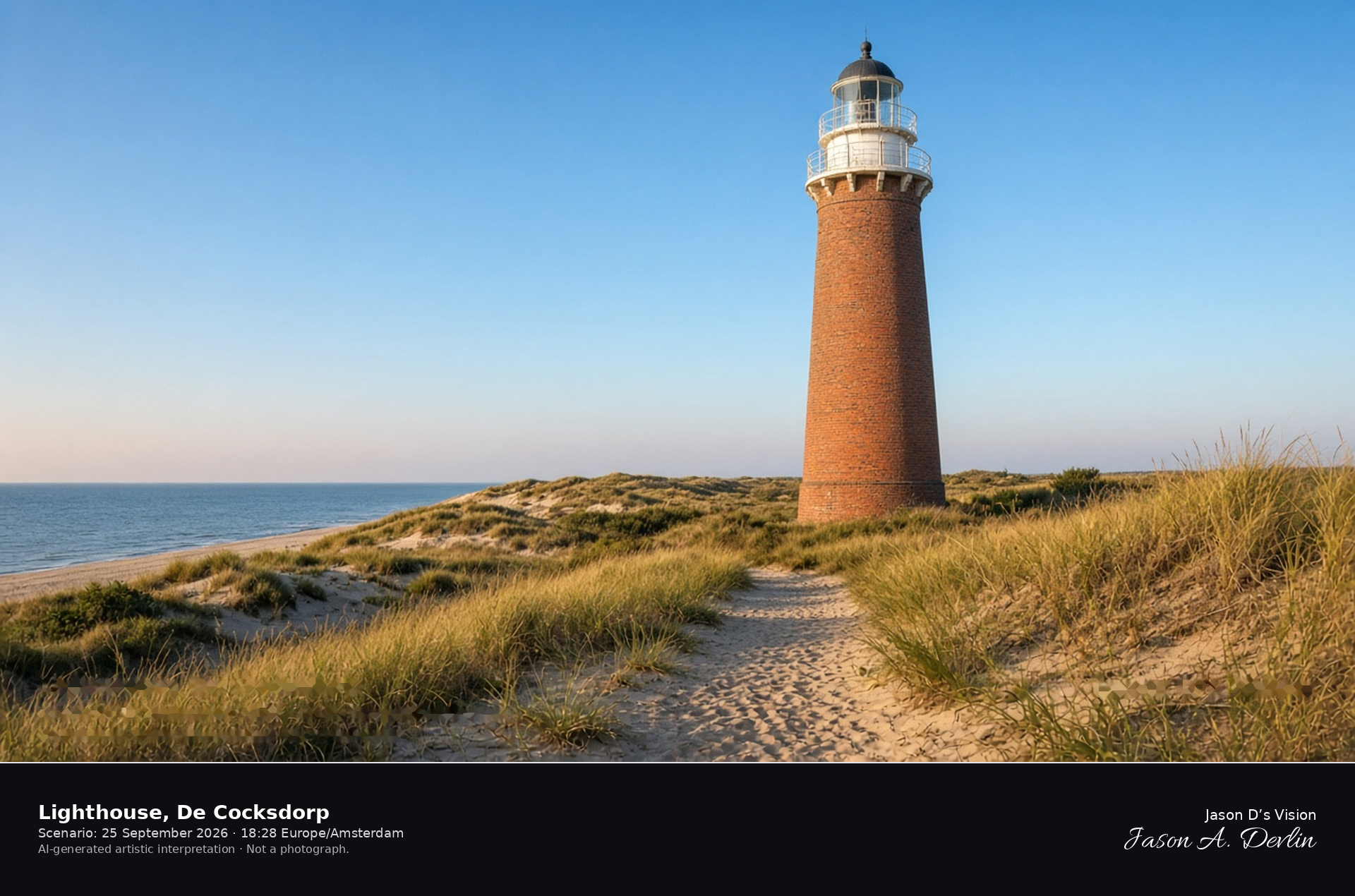 AI-generated artistic interpretation of the red Eierland lighthouse in the dunes near De Cocksdorp, Texel, on a clear late afternoon